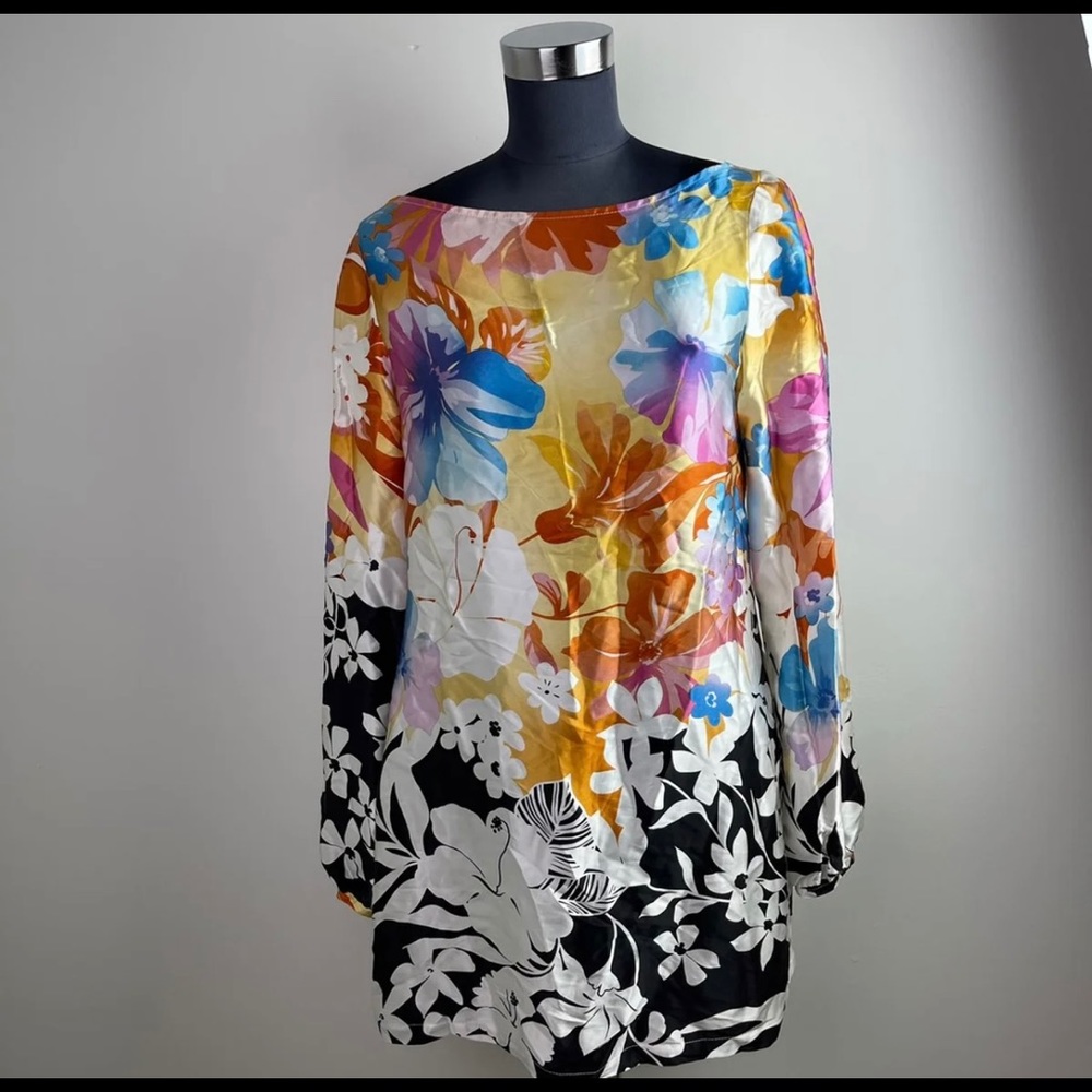 Caché Floral Print Multicolor Long Sleeve Scoop Neck Silk Blouse Size M